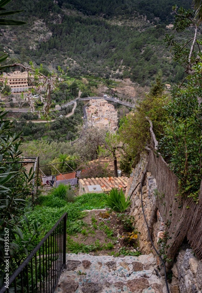 Fototapeta A beautiful view of Deià a small town in mediterranean Mallorca Island in the Balearic Island Spain on a winter day 