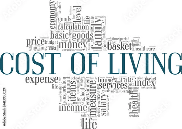 Fototapeta Cost of living vector illustration word cloud isolated on a white background.