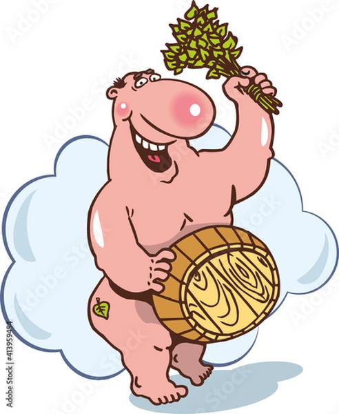 Fototapeta Satisfied naked man washes in a bathtub, steamed with a birch broom, holding a basin in his hands, isolated on a white background.Flat infographics. Vector illustration in cartoon style.