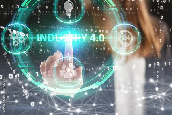 Fototapeta Business, Technology, Internet and network concept. Young businessman working on a virtual screen of the future and sees the inscription: Industry 4.0