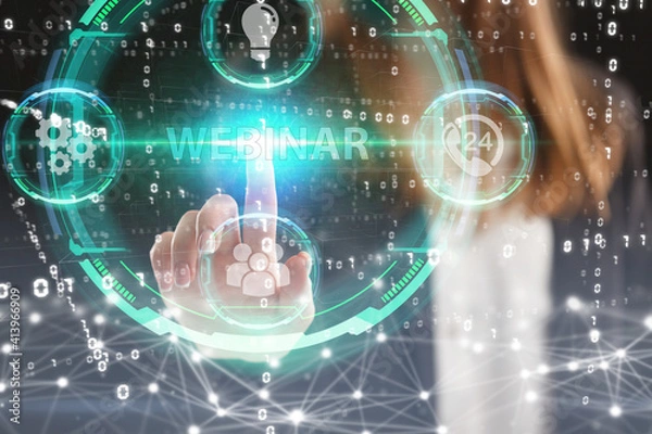 Fototapeta Business, Technology, Internet and network concept. Young businessman working on a virtual screen of the future and sees the inscription: Webinar