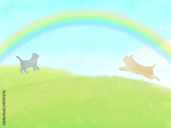 Obraz 草原を渡る犬と猫　水彩イラスト