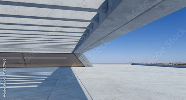 Fototapeta Concrete floor and modern rooftop building with blue sky.