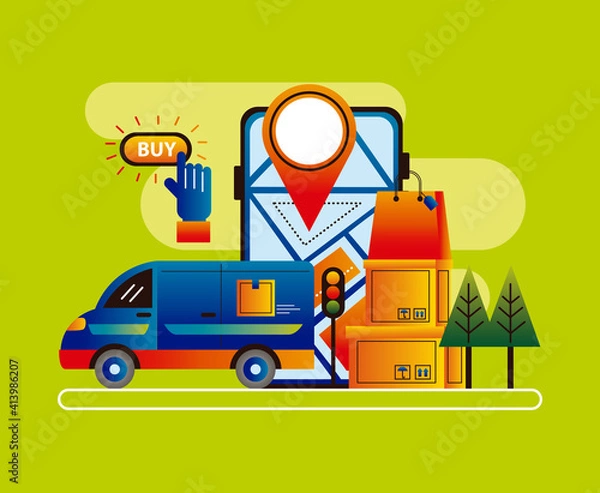 Fototapeta online delivery service technology with smartphone and van