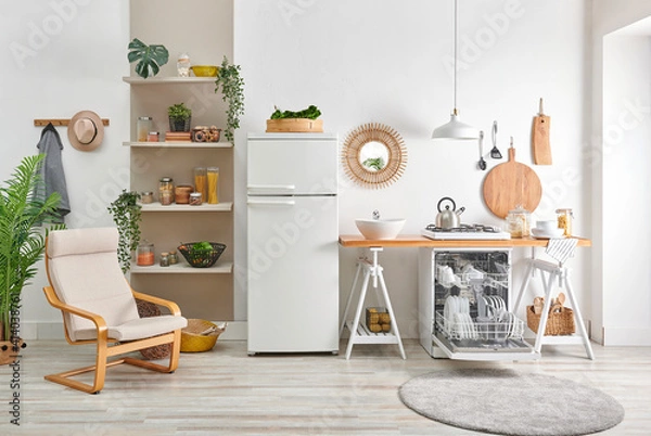 Fototapeta Decorative kitchen interior style, dishwasher, refrigerator, wooden bench, utensils lamp mirror accessory, bookshelf and ornament decoration with chair.