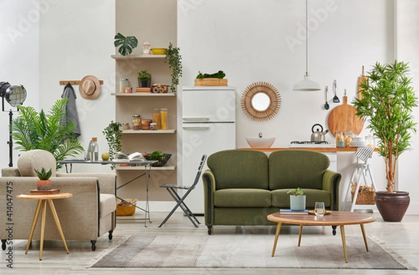 Obraz Decorative living room and kitchen background interior style, green sofa and armchair middle table, brown bookshelf and dining table style.