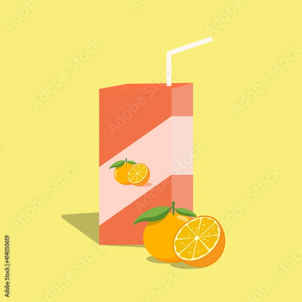 Fototapeta box of orange juice and citrus fruits on a yellow background