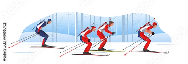 Fototapeta Biathletes in sportswear with riffles are skiing. Male Athletes participate in winter sports sprint competition. The leader of pelothon tries to win a race.Vector flat design web banner illustration