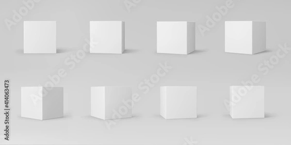 Fototapeta White 3d cubes set with perspective isolated on grey background. 3d modeling box with lighting and shadow. Realistic vector icon