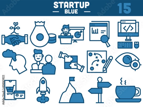 Fototapeta Blue And White Color Set of Startup Icon In Flat Style.