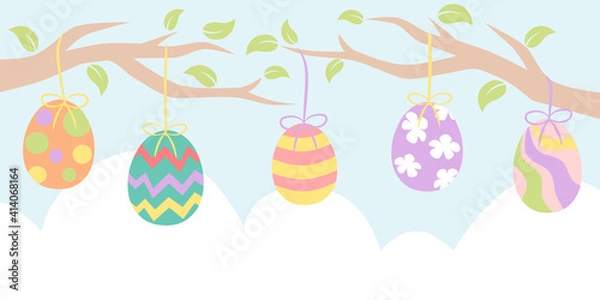 Fototapeta Easter banner with painted egg hanging from tree branches