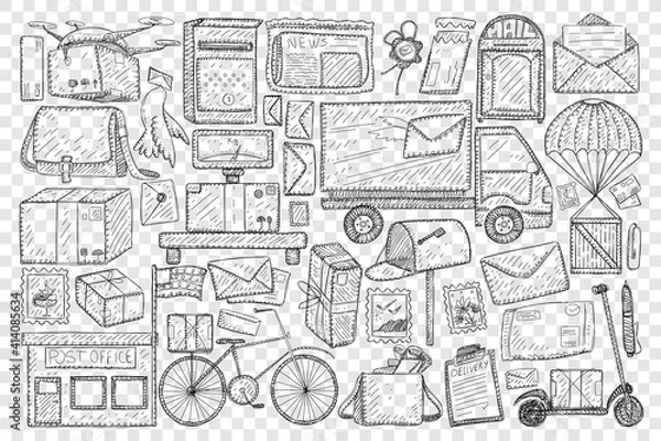 Fototapeta Post office and sending letters doodle set. Collection of hand drawn post office and box truck for delivering post bicycle for postman bag dove with letter scooter isolated on transparent background