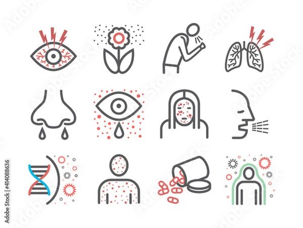 Fototapeta Allergy symptoms line icons infographic. Vector sign for web graphic.