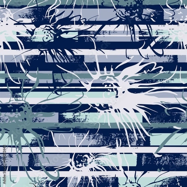 Fototapeta Seamless pattern with stripes and flowers. A brush mark. Grey, olive green background.