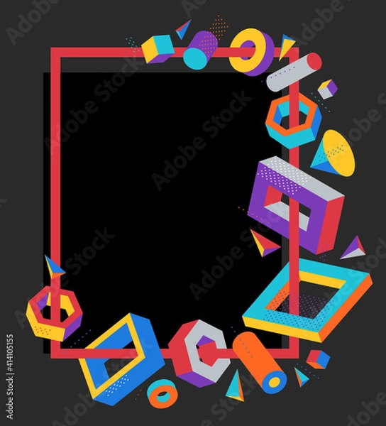 Fototapeta Bright colorful and positive 3D design elements vector frame on dark background, boxes and cylinders and other shapes simple stylish border.