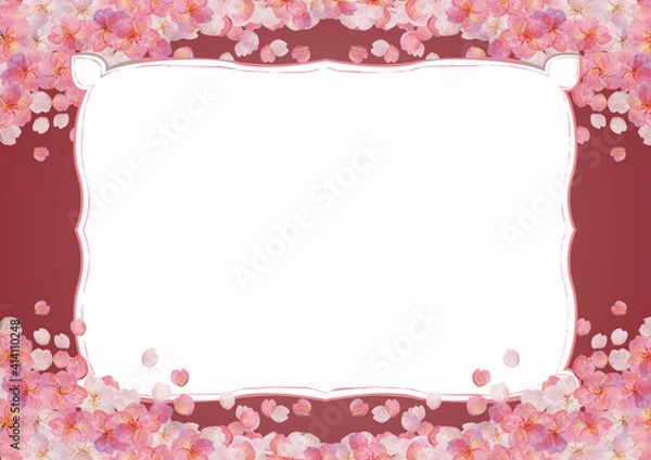 Obraz レトロな桜吹雪の背景素材　紅色　ソメイヨシノ　押絵　押花　和柄　和風イメージ　花見