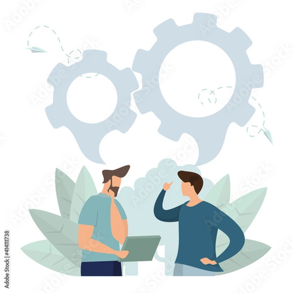 Obraz Two men work sitting at laptops and talking chatting. Everyday tasks at work at the table. Partnership, agreement, negotiation, business concept. Partners made deal at meeting in office.