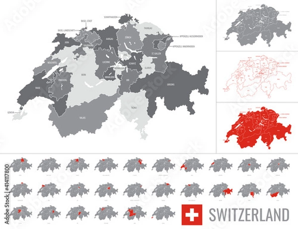 Obraz Detailed vector map of Switzerland regions with flag on white background