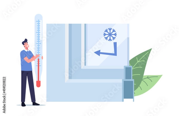 Fototapeta Tiny Man with Huge Thermometer at Window Pvc Profile Cross Section View Presenting Modern Technology, Plastic Glass