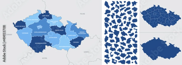 Obraz Detailed, vector, blue map of Czech Republic with administrative divisions into regions country