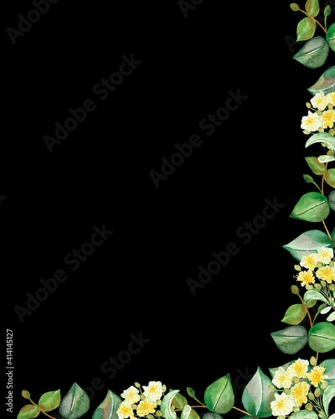 Fototapeta Watercolor hand painted nature floral corner border frame with yellow lime blossom flowers and green eucalyptus branches on the black background for invitation and greeting card