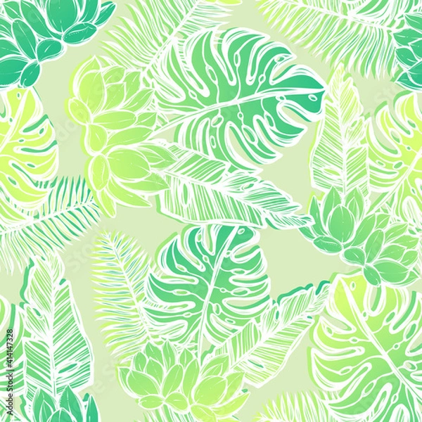Fototapeta Vector illustration, Tropical summer. tropical leaves, cacti, Handmade, light background, seamless pattern
