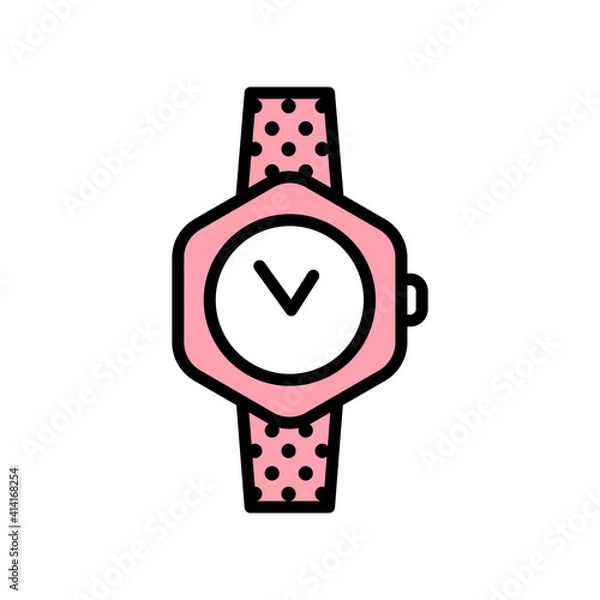 Obraz Vector wristwatch icon in flat style with black stroke, pink fill and circles texture on white background.