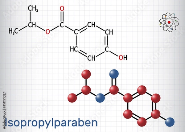 Fototapeta Isopropylparaben, isopropyl paraben molecule. It is paraben, antimicrobial, antifungal preservative. Structural chemical formula, molecule model. Sheet of paper in a cage