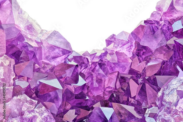 Fototapeta Amazing rare shape sparkly Violet Crystal Stone macro mineral surface. Purple rough Amethyst quartz Crystals geode on white background. Amethyst looks like a cave made of stone.