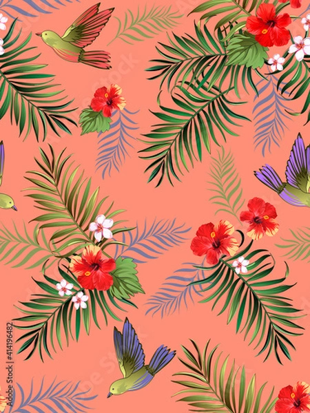 Fototapeta Tropical vector pattern with hibiscus, orchid, palm leaves.Exotic style. Seamless botanical print for textile, print, fabric on dark background.