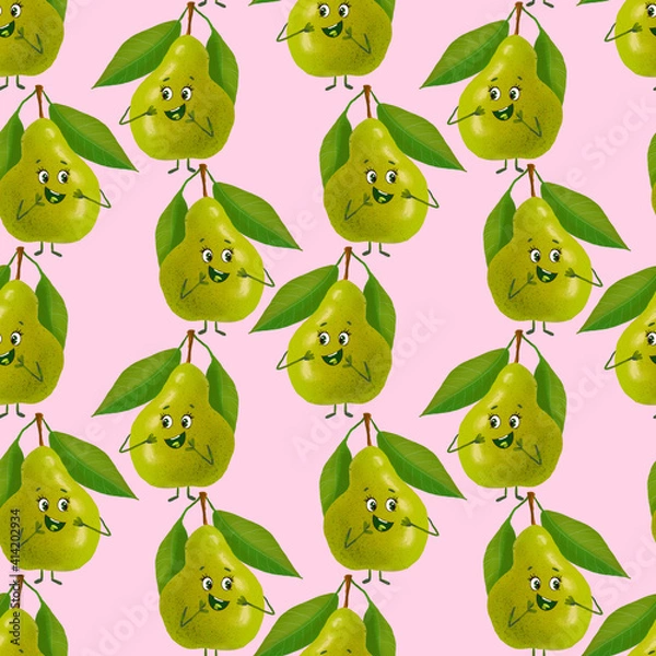 Fototapeta Seamless pattern with green pear on a pink background. Character joyful pear