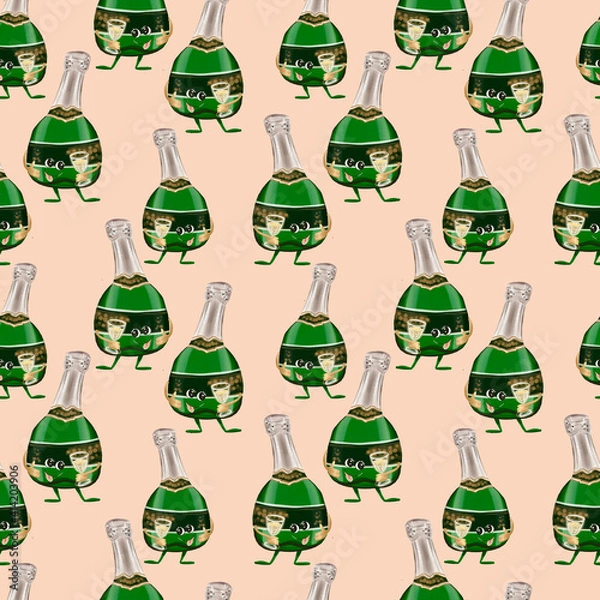 Fototapeta Seamless pattern with a bottle of sparkling wine. Character bottle