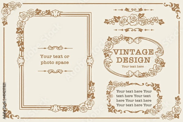 Fototapeta アンティークなお花の装飾フレーム、飾り罫、オーナメントのベクターセット。フォトフレームなどに。