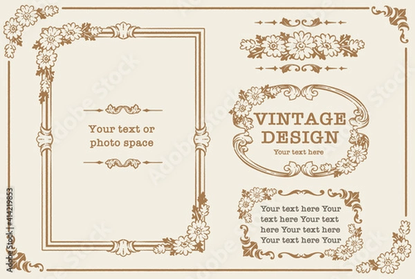 Fototapeta アンティークなお花の装飾フレーム、飾り罫、オーナメントのベクターセット。フォトフレームなどに。