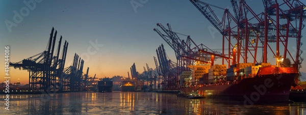 Fototapeta Container terminal in the port of Hamburg in the morning in freezing temperatures 