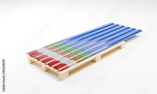 Fototapeta 3D render of a metal profiled panel on pallet in the assortment of five popular colors isolated on a white background.Illustration of a digital image for business and industrial.