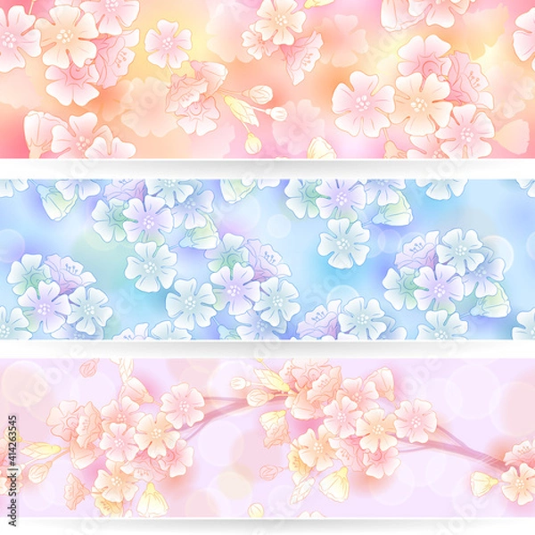Obraz Cherry Blossom. Three Long Seamless Backgrounds.