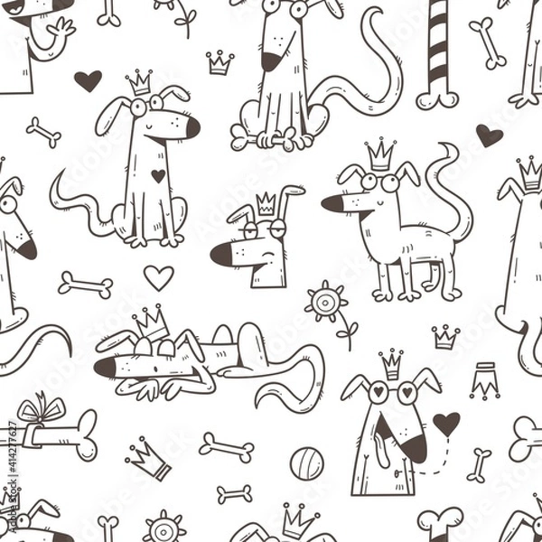 Fototapeta Seamless pattern with cute cartoon dogs and bones on white background. Line art funny animals print. Doodle puppies wallpaper. Childrens illustration poster.