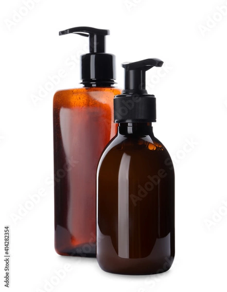 Fototapeta Bottles with personal hygiene products on white background