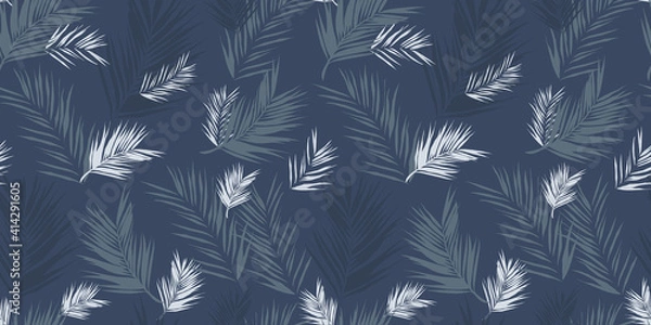 Fototapeta palm leaves background, fashion summer floral vector seamless repeat pattern in blue, navy and grey colour for textile, fabric, wallpaper, wrapping paper, interior design, packaging, dress, for him
