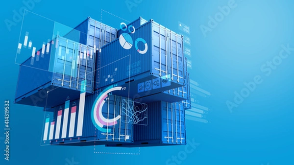 Obraz Stack of blue containers box with digital graph chart, import export business, 3d rendering