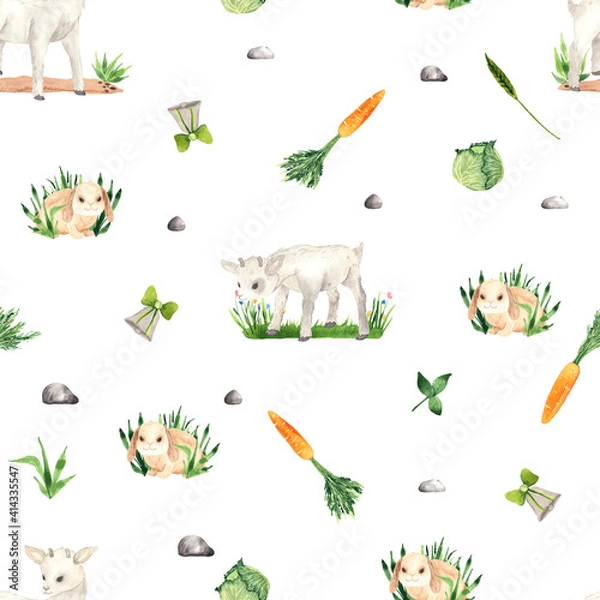 Obraz Watercolor farm village seamless pattern with cute little farm animals and elements