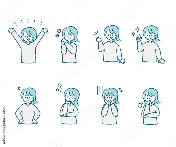 Obraz 女性の色々な感情表現とポーズのセット（上半身）