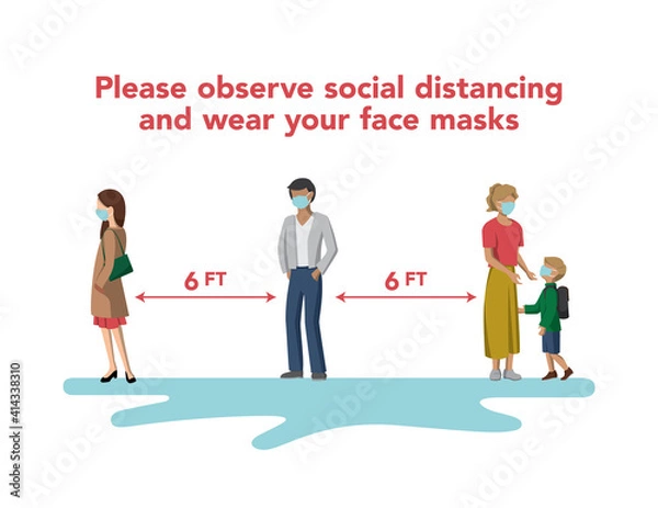 Fototapeta People in Line Observing Social Distancing and Wearing Face Masks
