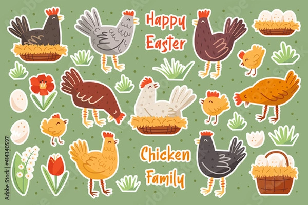 Obraz Set of chicken family. Chicken, hen, cock, egg, nest, flower. Farm domestic animals, birds. Happy Easter elements, set of stickers.