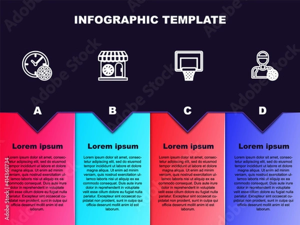 Fototapeta Set line Clock with basketball ball, Sports shop and, Basketball backboard and player. Business infographic template. Vector.