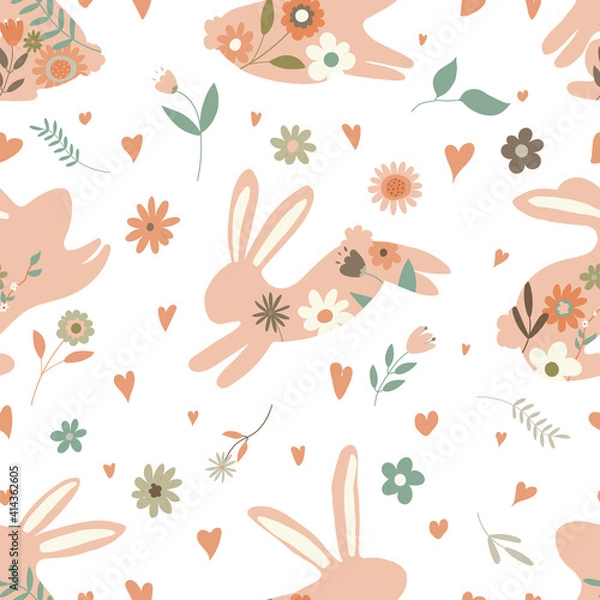 Obraz Vector seamless spring pattern with rabbits and plants. Easter pattern. cartoon bunnies