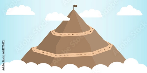 Fototapeta Path to top of mountain. Mountain peak climbing with flag and cloud.