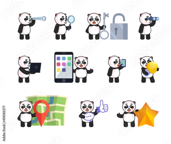 Fototapeta Set of cute panda characters in various situations. Kawaii panda holding magnifier, spyglass, idea lightbulb, talking to phone and showing other actions. Vector illustration