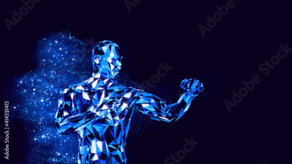 Obraz 3D rendering of virtual boxer practicing punches close to camera. Blue energy and particles around him.
